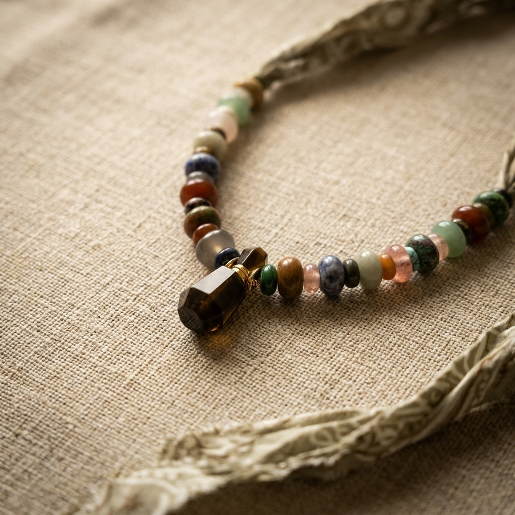 Gemstone beads and tiger eye vial on a Sunbleached Bandana **Choose Your Water Source**