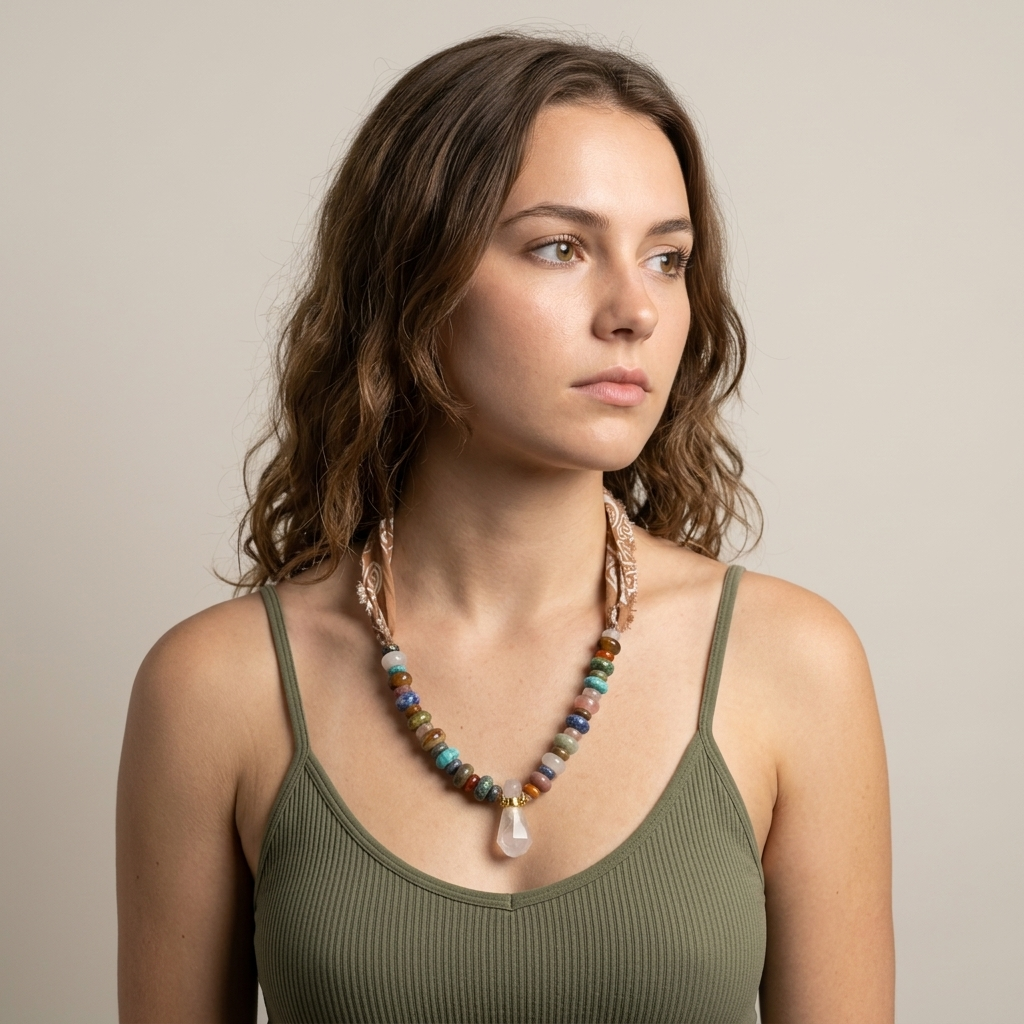 Gemstone beads and rose quartz vial on a Sunbleached Bandana **Choose Your Water Source**