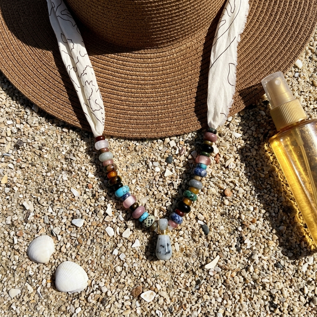 Gemstone beads and vial on a Sunbleached Bandana **Choose Your Water Source**
