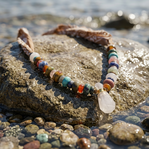 Gemstone beads and rose quartz vial on a Sunbleached Bandana **Choose Your Water Source**